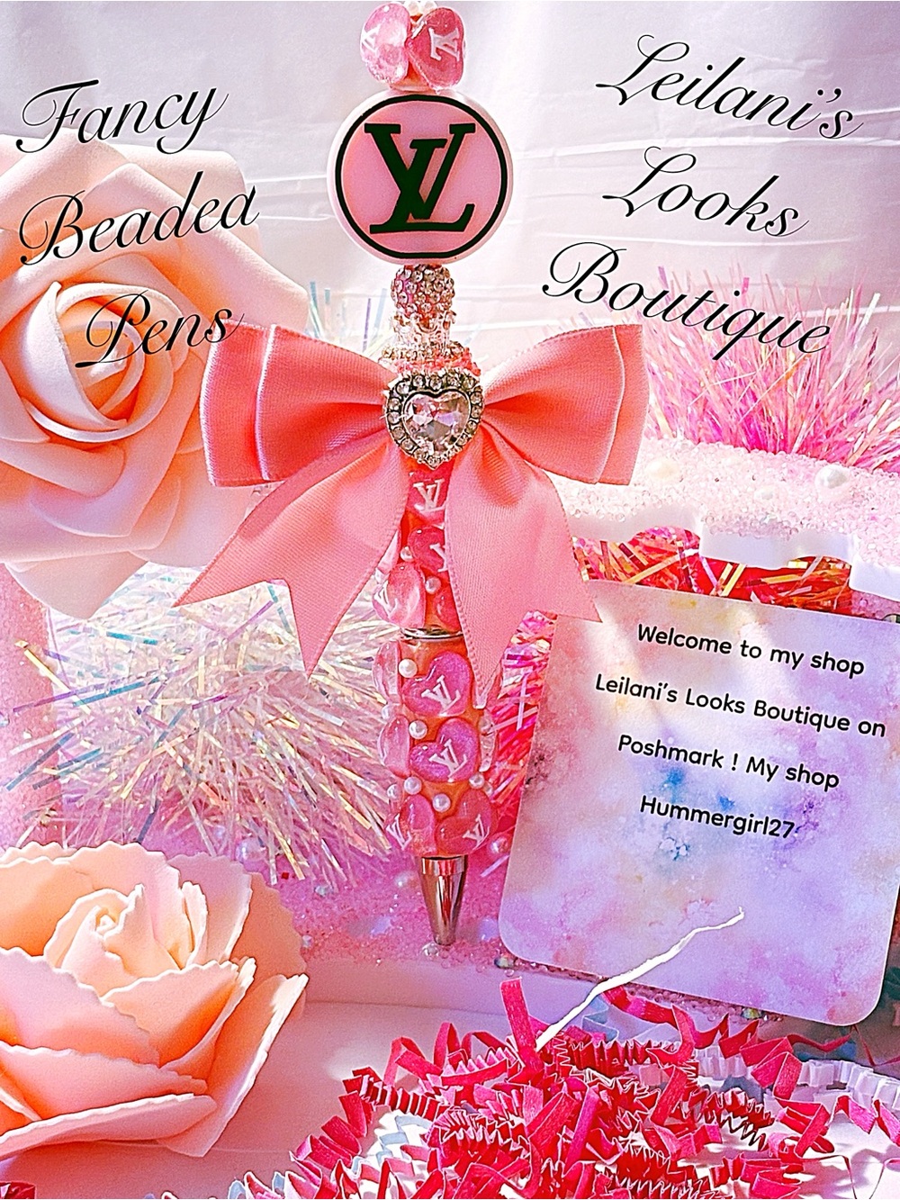 Pink Beaded Bow Ballpoint Pen — Decorative Pink Desk Accessory